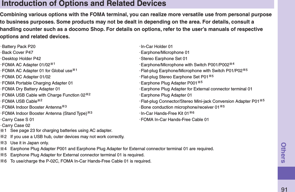 91OthersIntroduction of Options and Related DevicesCombining various options with the FOMA terminal, you can realize more versatile use from personal purpose to business purposes. Some products may not be dealt in depending on the area. For details, consult a handling counter such as a docomo Shop. For details on options, refer to the user’s manuals of respective options and related devices.・Battery Pack P20・Back Cover P47・Desktop Holder P42・FOMA AC Adapter 01/02※1・FOMA AC Adapter 01 for Global use※1・FOMA DC Adapter 01/02・FOMA Portable Charging Adapter 01・FOMA Dry Battery Adapter 01・FOMA USB Cable with Charge Function 02※2・FOMA USB Cable※2・FOMA Indoor Booster Antenna※3・FOMA Indoor Booster Antenna (Stand Type)※3・Carry Case S 01・Carry Case 02・In-Car Holder 01・Earphone/Microphone 01・Stereo Earphone Set 01・Earphone/Microphone with Switch P001/P002※4・Flat-plug Earphone/Microphone with Switch P01/P02※5・Flat-plug Stereo Earphone Set P01※5・Earphone Plug Adapter P001※5・Earphone Plug Adapter for External connector terminal 01・Earphone Plug Adapter 01・Flat-plug Connector/Stereo Mini-jack Conversion Adapter P01※5・Bone conduction microphone/receiver 01※5・In-Car Hands-Free Kit 01※6・FOMA In-Car Hands-Free Cable 01※1  See page 23 for charging batteries using AC adapter.※2  If you use a USB hub, outer devices may not work correctly.※3  Use it in Japan only.※4  Earphone Plug Adapter P001 and Earphone Plug Adapter for External connector terminal 01 are required.※5  Earphone Plug Adapter for External connector terminal 01 is required.※6  To use/charge the P-02C, FOMA In-Car Hands-Free Cable 01 is required.