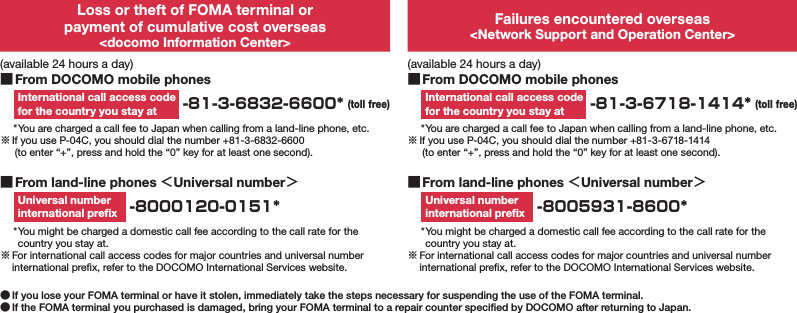 Loss or theft of FOMA terminal or  payment of cumulative cost overseas&lt;docomo Information Center&gt;Failures encountered overseas&lt;Network Support and Operation Center&gt;(available 24 hours a day) ■From DOCOMO mobile phonesInternational call access code for the country you stay at  -81-3-6832-6600* (toll free)* You are charged a call fee to Japan when calling from a land-line phone, etc.※ If you use P-04C, you should dial the number +81-3-6832-6600  (to enter “+”, press and hold the “0” key for at least one second).(available 24 hours a day) ■From DOCOMO mobile phonesInternational call access code for the country you stay at  -81-3-6718-1414* (toll free)* You are charged a call fee to Japan when calling from a land-line phone, etc.※ If you use P-04C, you should dial the number +81-3-6718-1414  (to enter “+”, press and hold the “0” key for at least one second). ■From land-line phones ＜Universal number＞Universal number  international preﬁx  -8000120-0151** You might be charged a domestic call fee according to the call rate for the country you stay at.※ For international call access codes for major countries and universal number international preﬁx, refer to the DOCOMO International Services website. ■From land-line phones ＜Universal number＞Universal number  international preﬁx  -8005931-8600** You might be charged a domestic call fee according to the call rate for the country you stay at.※ For international call access codes for major countries and universal number international preﬁx, refer to the DOCOMO International Services website. ●If you lose your FOMA terminal or have it stolen, immediately take the steps necessary for suspending the use of the FOMA terminal. ●If the FOMA terminal you purchased is damaged, bring your FOMA terminal to a repair counter speciﬁed by DOCOMO after returning to Japan.