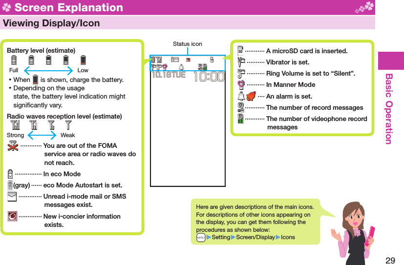 29Basic Operation Status icon Screen Explanation  Viewing Display/Icon Battery level (estimate)          Full    Low ⿠When   is shown, charge the battery. ⿠Depending on the usage state, the battery level indication might signiﬁ cantly vary. Radio waves reception level (estimate)       Strong    Weak ············  You are out of the FOMA service area or radio waves do not reach. ··············· In eco Mode(gray) ······ eco Mode Autostart is set. ············· Unread i-mode mail or SMS messages exist. ············· New i-concier information exists.Here are given descriptions of the main icons. For descriptions of other icons appearing on the display, you can get them following the procedures as shown below:+m▶Setting▶Screen/Display▶Icons ··········· A microSD card is inserted. ·········· Vibrator is set. ·········· Ring Volume is set to “Silent”. ·········· In Manner Mode ···· An alarm is set. ··········· The number of record messages ··········· The number of videophone record messages