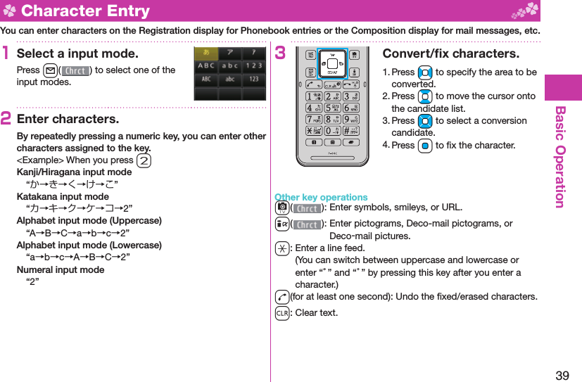 39Basic Operation  Character EntryYou can enter characters on the Registration display for Phonebook entries or the Composition display for mail messages, etc.1Select a input mode.Press l( ) to select one of the input modes.2Enter characters.By repeatedly pressing a numeric key, you can enter other characters assigned to the key.&lt;Example&gt; When you press 2Kanji/Hiragana input mode“か→き→く→け→こ”Katakana input mode“カ→キ→ク→ケ→コ→2”Alphabet input mode (Uppercase)“A→B→C→a→b→c→2”Alphabet input mode (Lowercase)“a→b→c→A→B→C→2”Numeral input mode“2”3Convert/ﬁ x characters.1. Press No to specify the area to be converted.2. Press Bo to move the cursor onto the candidate list.3. Press Mo to select a conversion candidate.4. Press Oo to ﬁ x the character.Other key operationsc(): Enter  symbols,  smileys, or URL.i(): Enter  pictograms, Deco-mail pictograms, or Deco-mail pictures.a: Enter a  line feed.(You can switch between uppercase and lowercase or enter “゛” and “゜” by pressing this key after you enter a character.)d(for at least one second): Undo the ﬁ xed/erased characters.r: Clear text.