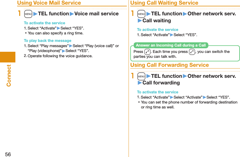 56ConnectUsing Voice Mail Service1m󱚤TEL function󱚤Voice mail serviceTo activate the service1. Select “Activate”▶Select “YES”. ⿠You can also specify a ring time. To play back the message1. Select “Play messages”▶Select “Play (voice call)” or “Play (videophone)”▶Select “YES”.2. Operate following the voice guidance.Using Call Waiting Service1m󱚤TEL function󱚤Other network serv.󱚤Call waitingTo activate the service1. Select “Activate”▶Select “YES”.Press d. Each time you press d, you can switch the parties you can talk with.Answer an Incoming Call during a CallUsing Call Forwarding Service1m󱚤TEL function󱚤Other network serv.󱚤Call forwardingTo activate the service1. Select “Activate”▶Select “Activate”▶Select “YES”. ⿠You can set the phone number of forwarding destination or ring time as well.