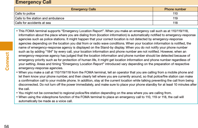 56ConnectEmergency CallEmergency Calls Phone numberCalls to police 110Calls to ﬁre station and ambulance 119Calls for accidents at sea 118 ⿠This FOMA terminal supports “Emergency Location Report”. When you make an emergency call such as at 110/119/118, information about the place where you are dialing from (location information) is automatically notiﬁed to emergency-response agencies such as police stations. It might happen that your correct location is not detected by emergency-response agencies depending on the location you dial from or radio wave conditions. When your location information is notiﬁed, the name of emergency-response agency is displayed on the Stand-by display. When you do not notify your phone number such as by adding “184” by every call, your location information and phone number are not notiﬁed. However, when an emergency-response agency has judged that the location information and phone number should be detected because of emergency priority such as for protection of human life, it might get location information and phone number regardless of your setting. Areas and timing “Emergency Location Report” introduced vary depending on the preparation of respective emergency-response agencies. ⿠When you make a call at 110/119/118 from the FOMA terminal, tell an operator that you are calling from a mobile phone and let them know your phone number, and then clearly tell where you are currently around, so that police/ﬁre station can make a conﬁrmation call to your mobile phone. In addition, stay at the current location while talking preventing the call from being disconnected. Do not turn off the power immediately, and make sure to place your phone standby for at least 10 minutes after the call. ⿠You might not be connected to regional police/ﬁre station depending on the area where you are calling from. ⿠When using the videophone function of the FOMA terminal to place an emergency call to 110, 119 or 118, the call will automatically be made as a voice call.