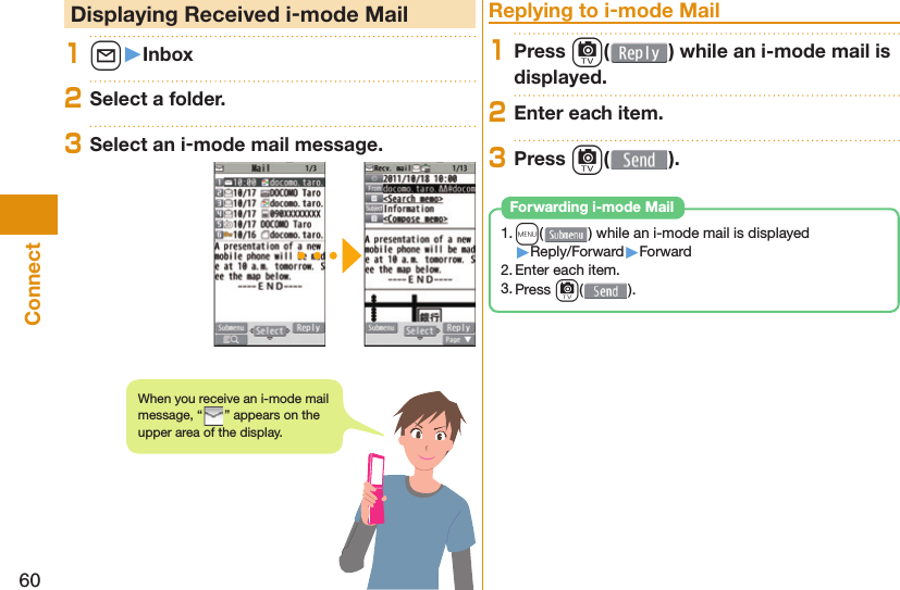 60Connect Displaying Received i-mode Mail1l󱚤Inbox2Select a folder.3Select an i-mode mail message. Replying to i-mode Mail1Press c( ) while an i-mode mail is displayed.2Enter each item.3Press c( ).1. m( ) while an i-mode mail is displayed▶Reply/Forward▶Forward2. Enter each item.3. Press c(). Forwarding i-mode MailWhen you receive an i-mode mail message, “ ” appears on the upper area of the display.