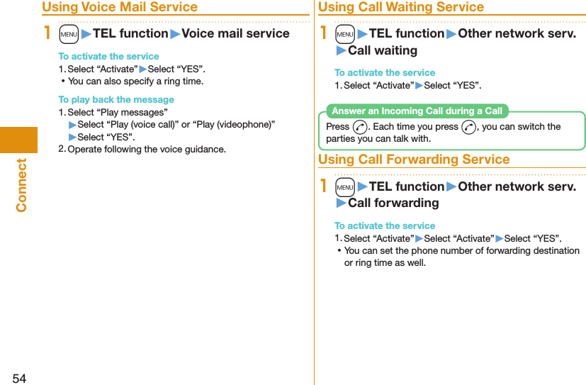 54ConnectUsing Voice Mail Service1m󱚤TEL function󱚤Voice mail serviceTo activate the service1. Select “Activate”▶Select “YES”. ⿠You can also specify a ring time. To play back the message1. Select “Play messages” ▶Select “Play (voice call)” or “Play (videophone)”▶Select “YES”.2. Operate following the voice guidance.Using Call Waiting Service1m󱚤TEL function󱚤Other network serv.󱚤Call waitingTo activate the service1. Select “Activate”▶Select “YES”.Press d. Each time you press d, you can switch the parties you can talk with.Answer an Incoming Call during a CallUsing Call Forwarding Service1m󱚤TEL function󱚤Other network serv.󱚤Call forwardingTo activate the service1. Select “Activate”▶Select “Activate”▶Select “YES”. ⿠You can set the phone number of forwarding destination or ring time as well.