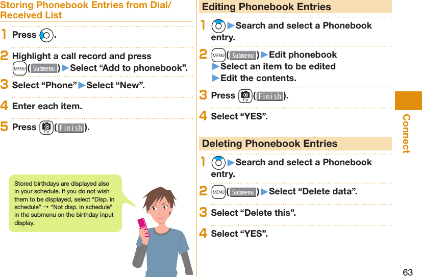 63ConnectStoring Phonebook Entries from Dial/Received List1Press Co.2Highlight a call record and press m()󱚤Select “Add to phonebook”.3Select “Phone”󱚤Select “New”.4Enter each item.5Press c( ). Editing Phonebook Entries1Zo󱚤Search and select a Phonebook entry.2m( )󱚤Edit phonebook󱚤Select an item to be edited󱚤Edit the contents.3Press c( ).4Select “YES”. Deleting Phonebook Entries1Zo󱚤Search and select a Phonebook entry.2m( )󱚤Select “Delete data”.3Select “Delete this”.4Select “YES”.Stored birthdays are displayed also in your schedule. If you do not wish them to be displayed, select “Disp. in schedule” → “Not disp. in schedule” in the submenu on the birthday input display.