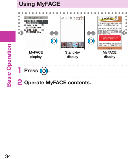 34Basic OperationUsing MyFACEMyFACE displayStand-by displayMyFACE display+No+No1Press +No.2Operate MyFACE contents.