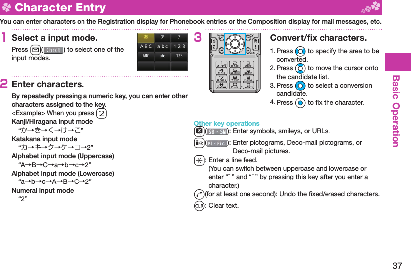 37Basic Operation  Character EntryYou can enter characters on the Registration display for Phonebook entries or the Composition display for mail messages, etc.1Select a input mode.Press l( ) to select one of the input modes.2Enter characters.By repeatedly pressing a numeric key, you can enter other characters assigned to the key.&lt;Example&gt; When you press 2Kanji/Hiragana input mode“か→き→く→け→こ”Katakana input mode“カ→キ→ク→ケ→コ→2”Alphabet input mode (Uppercase)“A→B→C→a→b→c→2”Alphabet input mode (Lowercase)“a→b→c→A→B→C→2”Numeral input mode“2”3Convert/ﬁ x characters.1. Press No to specify the area to be converted.2. Press Bo to move the cursor onto the candidate list.3. Press Mo to select a conversion candidate.4. Press Oo to ﬁ x the character.Other key operationsc(): Enter  symbols,  smileys, or URLs.i(): Enter  pictograms, Deco-mail pictograms, or Deco-mail pictures.a: Enter a  line feed.(You can switch between uppercase and lowercase or enter “゛” and “゜” by pressing this key after you enter a character.)d(for at least one second): Undo the ﬁ xed/erased characters.r: Clear text.