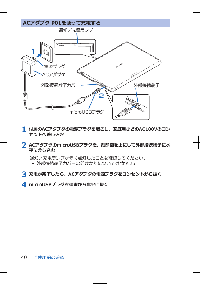 ACアダプタ P01を使って充電する外部接続端子21microUSBプラグ外部接続端子カバー電源プラグACアダプタ通知／充電ランプ1 付属のACアダプタの電源プラグを起こし、家庭用などのAC100Vのコンセントへ差し込む2 ACアダプタのmicroUSBプラグを、刻印面を上にして外部接続端子に水平に差し込む通知／充電ランプが赤く点灯したことを確認してください。•  外部接続端子カバーの開けかたについてはZP.263 充電が完了したら、ACアダプタの電源プラグをコンセントから抜く4 microUSBプラグを端末から水平に抜くご使用前の確認40