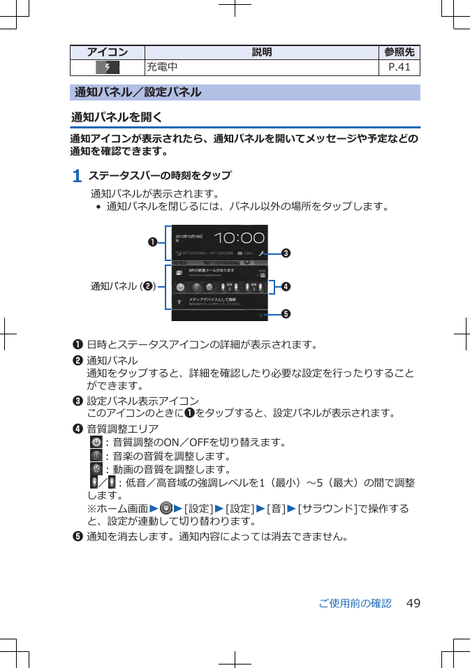 アイコン 説明 参照先充電中 P.41通知パネル／設定パネル通知パネルを開く通知アイコンが表示されたら、通知パネルを開いてメッセージや予定などの通知を確認できます。1 ステータスバーの時刻をタップ通知パネルが表示されます。•  通知パネルを閉じるには、パネル以外の場所をタップします。 通知パネル (2)13451日時とステータスアイコンの詳細が表示されます。2通知パネル通知をタップすると、詳細を確認したり必要な設定を行ったりすることができます。3設定パネル表示アイコンこのアイコンのときに1をタップすると、設定パネルが表示されます。4音質調整エリア  ：音質調整のON／OFFを切り替えます。  ：音楽の音質を調整します。  ：動画の音質を調整します。  ／ ：低音／高音域の強調レベルを1（最小）～5（最大）の間で調整します。※ホーム画面WW[設定]W[設定]W[音]W[サラウンド]で操作すると、設定が連動して切り替わります。5通知を消去します。通知内容によっては消去できません。ご使用前の確認 49