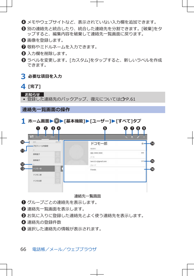 4メモやウェブサイトなど、表示されていない入力欄を追加できます。5別の連絡先と統合したり、統合した連絡先を分割できます。[破棄]をタップすると、編集内容を破棄して連絡先一覧画面に戻ります。6画像を登録します。7敬称やミドルネームを入力できます。8入力欄を削除します。9ラベルを変更します。[カスタム]をタップすると、新しいラベルを作成できます。3 必要な項目を入力4 [完了]お知らせ• 登録した連絡先のバックアップ、復元についてはZP.61連絡先一覧画面の操作1 ホーム画面WW[基本機能]W[ユーザー]W[すべて]タブ2 3 4 5 6 7 8 90!&quot;#$%&amp;1連絡先一覧画面1グループごとの連絡先を表示します。2連絡先一覧画面を表示します。3お気に入りに登録した連絡先とよく使う連絡先を表示します。4連絡先の登録件数5選択した連絡先の情報が表示されます。電話帳／メール／ウェブブラウザ66