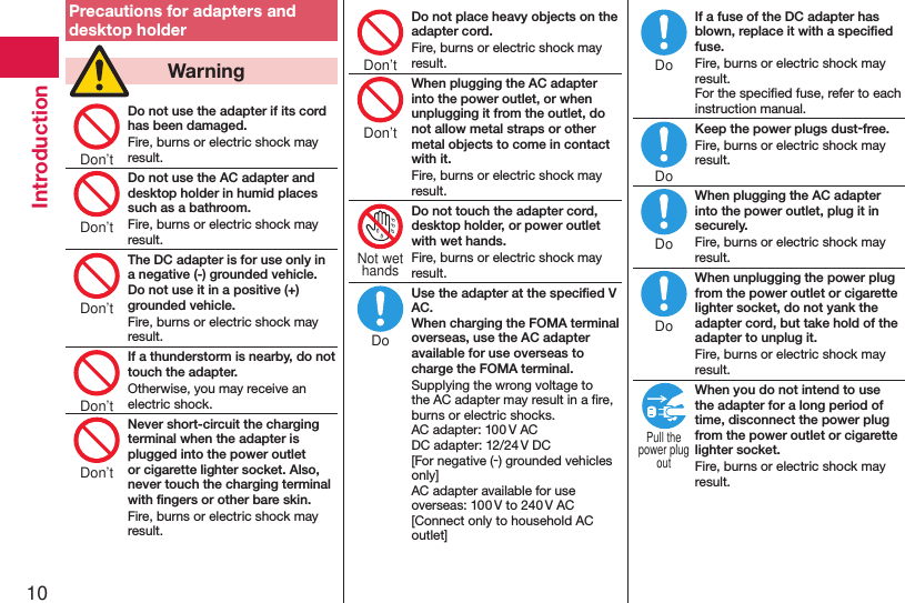 10IntroductionPrecautions for adapters and desktop holder  WarningDo not use the adapter if its cord has been damaged.Fire, burns or electric shock may result.Do not use the AC adapter and desktop holder in humid places such as a bathroom.Fire, burns or electric shock may result.The DC adapter is for use only in a negative (-) grounded vehicle. Do not use it in a positive (+) grounded vehicle.Fire, burns or electric shock may result.If a thunderstorm is nearby, do not touch the adapter.Otherwise, you may receive an electric shock.Never short-circuit the charging terminal when the adapter is plugged into the power outlet or cigarette lighter socket. Also, never touch the charging terminal with ﬁngers or other bare skin.Fire, burns or electric shock may result.Do not place heavy objects on the adapter cord.Fire, burns or electric shock may result.When plugging the AC adapter into the power outlet, or when unplugging it from the outlet, do not allow metal straps or other metal objects to come in contact with it.Fire, burns or electric shock may result.Do not touch the adapter cord, desktop holder, or power outlet with wet hands.Fire, burns or electric shock may result.Use the adapter at the speciﬁed V AC. When charging the FOMA terminal overseas, use the AC adapter available for use overseas to charge the FOMA terminal.Supplying the wrong voltage to the AC adapter may result in a ﬁre, burns or electric shocks. AC adapter: 100 V AC DC adapter: 12/24 V DC [For negative (-) grounded vehicles only] AC adapter available for use overseas: 100 V to 240 V AC [Connect only to household AC outlet]If a fuse of the DC adapter has blown, replace it with a speciﬁed fuse.Fire, burns or electric shock may result. For the speciﬁed fuse, refer to each instruction manual.Keep the power plugs dust-free.Fire, burns or electric shock may result.When plugging the AC adapter into the power outlet, plug it in securely.Fire, burns or electric shock may result.When unplugging the power plug from the power outlet or cigarette lighter socket, do not yank the adapter cord, but take hold of the adapter to unplug it.Fire, burns or electric shock may result.When you do not intend to use the adapter for a long period of time, disconnect the power plug from the power outlet or cigarette lighter socket.Fire, burns or electric shock may result.Don’tDon’tDon’tDon’tDon’tDon’tDon’tNot wethandsDoDoDoDoDoPull thepower plugout