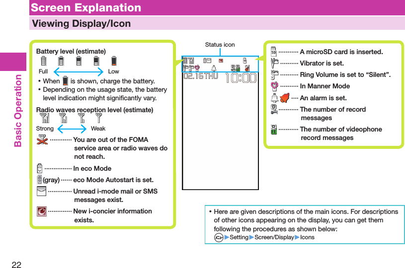 22Basic Operation Status icon Screen Explanation  Viewing Display/Icon Battery level (estimate)          Full    Low ⿠When   is shown, charge the battery. ⿠Depending on the usage state, the battery level indication might signiﬁ cantly vary. Radio waves reception level (estimate)     Strong    Weak ············  You are out of the FOMA service area or radio waves do not reach. ··············· In eco Mode(gray) ······ eco Mode Autostart is set. ············· Unread i-mode mail or SMS messages exist. ············· New i-concier information exists. ··········· A microSD card is inserted. ·········· Vibrator is set. ·········· Ring Volume is set to “Silent”. ·········· In Manner Mode ···· An alarm is set. ··········· The number of record messages ··········· The number of videophone record messages ⿠Here are given descriptions of the main icons. For descriptions of other icons appearing on the display, you can get them following the procedures as shown below:m▶Setting▶Screen/Display▶Icons