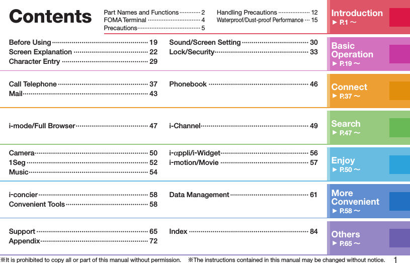 1※It is prohibited to copy all or part of this manual without permission.    ※The instructions contained in this manual may be changed without notice.Contents Introduction▶P.1 ～Part Names and Functions ············ 2FOMA Terminal ······························ 4Precautions ····································5Handling Precautions ·················· 12Waterproof/Dust-proof Performance ··· 15Basic Operation▶P.19 ～～Before Using ················································· 19Screen Explanation ······································ 22Character Entry ············································ 29Sound/Screen Setting ·································· 30Lock/Security ················································ 33Connect▶P.37 ～～Call Telephone ·············································· 37Mail ································································ 43Phonebook ··················································· 46Search▶P.47 ～～i-mode/Full Browser ····································· 47 i-Channel ······················································· 49Enjoy▶P.50 ～～Camera ·························································· 501Seg ······························································ 52Music ····························································· 54i-αppli/i-Widget ············································· 56i-motion/Movie ············································· 57More  Convenient▶P.58 ～～i-concier ························································ 58Convenient Tools ·········································· 58Data Management ········································ 61Others▶P.65 ～～Support ························································· 65Appendix ······················································· 72Index ····························································· 84