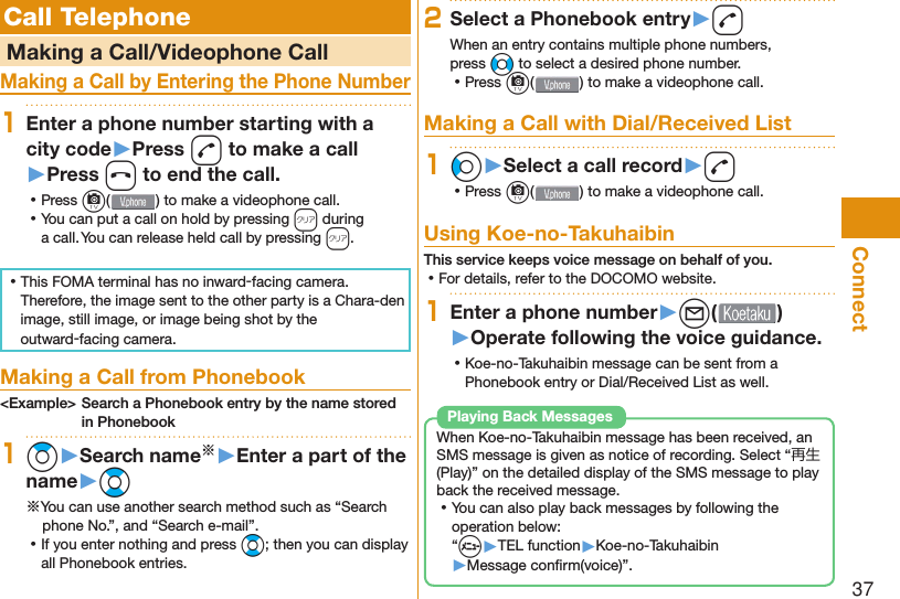 37Connect Call Telephone   Making a Call/Videophone CallMaking a Call by Entering the Phone Number1Enter a phone number starting with a city code▶Press d to make a call▶Press h to end the call. ⿠Press c( ) to make a videophone call. ⿠You can put a call on  hold by pressing r during a call. You can release held call by pressing r. ⿠This FOMA terminal has no inward-facing camera. Therefore, the image sent to the other party is a Chara-den image, still image, or image being shot by the outward-facing camera. Making a Call from Phonebook&lt;Example&gt; Search a Phonebook entry by the name stored in Phonebook1Zo▶Search name※▶Enter a part of the name▶Bo※You can use another search method such as “Search phone No.”, and “Search e-mail”. ⿠If you enter nothing and press Bo; then you can display all Phonebook entries.2Select a Phonebook entry▶dWhen an entry contains multiple phone numbers, press No to select a desired phone number. ⿠Press c() to make a videophone call. Making a Call with Dial/Received List1Co▶Select a call record▶d ⿠Press c( ) to make a videophone call.  Using Koe-no-TakuhaibinThis service keeps voice message on behalf of you. ⿠For details, refer to the DOCOMO website.1Enter a phone number▶l( )▶Operate following the voice guidance. ⿠Koe-no-Takuhaibin message can be sent from a Phonebook entry or Dial/Received List as well.When Koe-no-Takuhaibin message has been received, an SMS message is given as notice of recording. Select “再生 (Play)” on the detailed display of the SMS message to play back the received message. ⿠You can also play back messages by following the operation below:“m▶TEL function▶Koe-no-Takuhaibin▶Message conﬁ rm(voice)”.Playing Back Messages