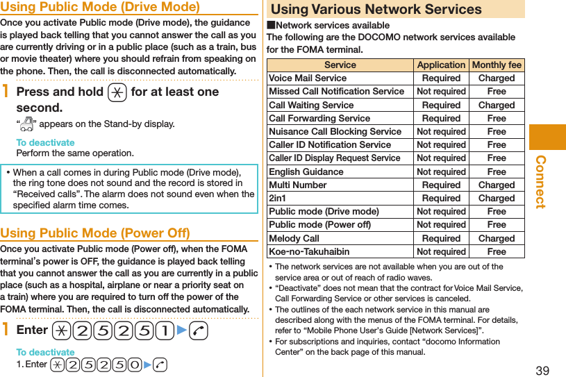 39Connect  Using Public Mode (Drive Mode)Once you activate Public mode (Drive mode), the guidance is played back telling that you cannot answer the call as you are currently driving or in a public place (such as a train, bus or movie theater) where you should refrain from speaking on the phone. Then, the call is disconnected automatically.1Press and hold a for at least one second.“ ” appears on the Stand-by display.To deactivatePerform the same operation. ⿠When a call comes in during Public mode (Drive mode), the ring tone does not sound and the record is stored in “Received calls”. The alarm does not sound even when the speciﬁ ed alarm time comes.  Using Public Mode (Power Off)Once you activate Public mode (Power off), when the FOMA terminal’s power is OFF, the guidance is played back telling that you cannot answer the call as you are currently in a public place (such as a hospital, airplane or near a priority seat on a train) where you are required to turn off the power of the FOMA terminal. Then, the call is disconnected automatically.1Enter a25251▶dTo deactivate1. Enter a25250▶d  Using Various Network Services ■Network services availableThe following are the DOCOMO network services available for the FOMA terminal.Service ApplicationMonthly feeVoice Mail Service Required ChargedMissed Call Notiﬁ cation ServiceNot requiredFreeCall Waiting Service Required ChargedCall Forwarding Service Required FreeNuisance Call Blocking ServiceNot requiredFreeCaller ID Notiﬁ cation ServiceNot requiredFreeCaller ID Display Request ServiceNot requiredFreeEnglish GuidanceNot requiredFreeMulti Number Required Charged2in1 Required ChargedPublic mode (Drive mode)Not requiredFreePublic mode (Power off)Not requiredFreeMelody Call Required ChargedKoe-no-TakuhaibinNot requiredFree ⿠The network services are not available when you are out of the service area or out of reach of radio waves. ⿠“Deactivate” does not mean that the contract for Voice Mail Service, Call Forwarding Service or other services is canceled. ⿠The outlines of the each network service in this manual are described along with the menus of the FOMA terminal. For details, refer to “Mobile Phone User’s Guide [Network Services]”. ⿠For subscriptions and inquiries, contact “docomo Information Center” on the back page of this manual. 