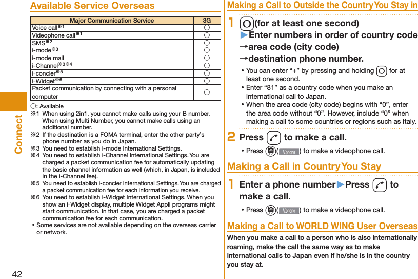 42ConnectAvailable Service OverseasMajor Communication Service 3GVoice call※1○Videophone call※1○SMS※2○i-mode※3○i-mode mail ○i-Channel※3※4○i-concier※5○i-Widget※6○Packet communication by connecting with a personal computer ○○: Available※1  When using 2in1, you cannot make calls using your B number. When using Multi Number, you cannot make calls using an additional number.※2  If the destination is a FOMA terminal, enter the other party’s phone number as you do in Japan.※3  You need to establish i-mode International Settings.※4  You need to establish i-Channel International Settings. You are charged a packet communication fee for automatically updating the basic channel information as well (which, in Japan, is included in the i-Channel fee).※5 You need to establish i-concier International Settings. You are charged a packet communication fee for each information you receive.※6  You need to establish i-Widget International Settings. When you show an i-Widget display, multiple Widget Appli programs might start communication. In that case, you are charged a packet communication fee for each communication. ⿠Some services are not available depending on the overseas carrier or network.Making a Call to Outside the Country You Stay in10(for at least one second)▶Enter numbers in order of country code→area code (city code)→destination phone number. ⿠You can enter “+” by pressing and holding 0 for at least one second. ⿠Enter “81” as a country code when you make an international call to Japan. ⿠When the area code (city code) begins with “0”, enter the area code without “0”. However, include “0” when making a call to some countries or regions such as Italy.2Press d to make a call. ⿠Press c( ) to make a videophone call.Making a Call in Country You Stay1Enter a phone number▶Press d to make a call. ⿠Press c( ) to make a videophone call.Making a Call to WORLD WING User OverseasWhen you make a call to a person who is also internationally roaming, make the call the same way as to make international calls to Japan even if he/she is in the country you stay at.