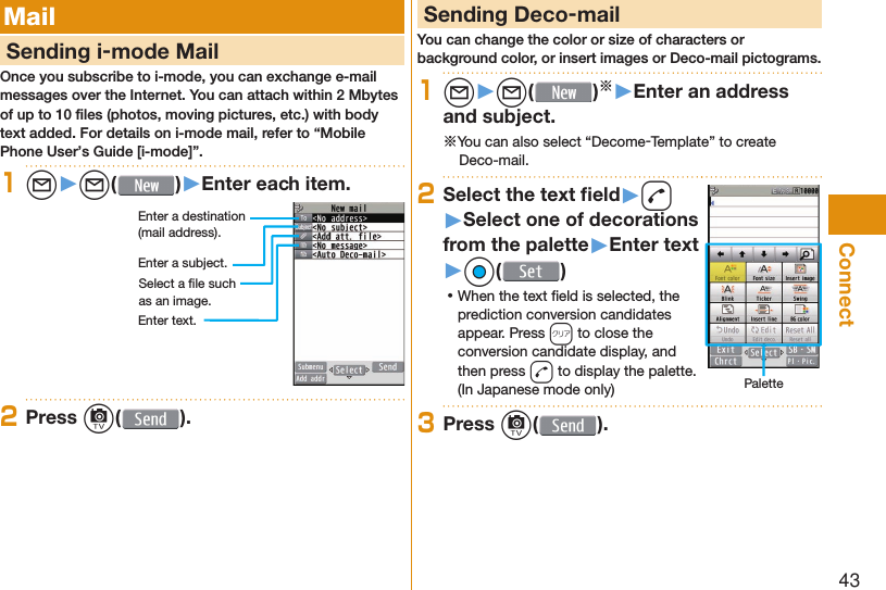 43Connect Mail     Sending i-mode MailOnce you subscribe to i-mode, you can exchange e-mail messages over the Internet. You can attach within 2 Mbytes of up to 10 ﬁ les (photos, moving pictures, etc.) with body text added. For details on i-mode mail, refer to “Mobile Phone User’s Guide [i-mode]”.1l▶l( )▶Enter each item.Enter a destination (mail address).Enter a subject.Enter text.Select a ﬁ le such as an image.2Press c( ). Sending Deco-mailYou can change the color or size of characters or background color, or insert images or Deco-mail pictograms.1l▶l( )※▶Enter an address and subject.※You can also select “Decome-Template” to create Deco-mail.2Select the text ﬁ eld▶d▶Select one of decorations from the palette▶Enter text▶Oo( ) ⿠When the text ﬁ eld is selected, the prediction conversion candidates appear. Press r to close the conversion candidate display, and then press d to display the palette. (In Japanese mode only) Palette3Press c( ).