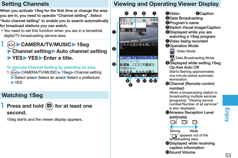 53Enjoy  Setting ChannelsWhen you activate 1Seg for the ﬁ rst time or change the area you are in, you need to operate “Channel setting”. Select “Auto channel setting” to enable you to search automatically for broadcast stations you can watch. ⿠You need to set this function when you are in a terrestrial digital TV broadcasting service area.1m▶CAMERA/TV/MUSIC▶1Seg▶Channel setting▶Auto channel setting▶YES▶YES▶Enter a title.To execute Channel Setting by selecting an area1. m▶CAMERA/TV/MUSIC▶1Seg▶Channel setting▶Select area▶Select an area▶Select a prefecture▶YESWatching 1Seg1Press and hold c for at least one second.1Seg starts and the viewer display appears. Viewing and Operating Viewer Display❶❷❸❹ ❺ ❻ ❼❽❾󱀓 󱀔 󱀕 󱀖❶Video  ❷Caption❸Data Broadcasting❹Program’s name❺Switch Visual Image/Caption❻ Displayed while you are watching a 1Seg program❼Video being recorded❽Operation Mode： Video Mode：Data Broadcasting Mode❾ Displayed while setting 1Seg Op-free Auto OffStarts ﬂ ashing approximately one minute before automatic termination.󱀓 Channel (Remote-control number)When a broadcasting station is broadcasting multiple services (programs), “Viewing service number/Number of all services” is also displayed.󱀔 Airwave Reception Level (estimate)(estimate)　 　Strong  Weak“” appears out of the broadcasting area.󱀕 Displayed while receiving caption information󱀖Sound Volume