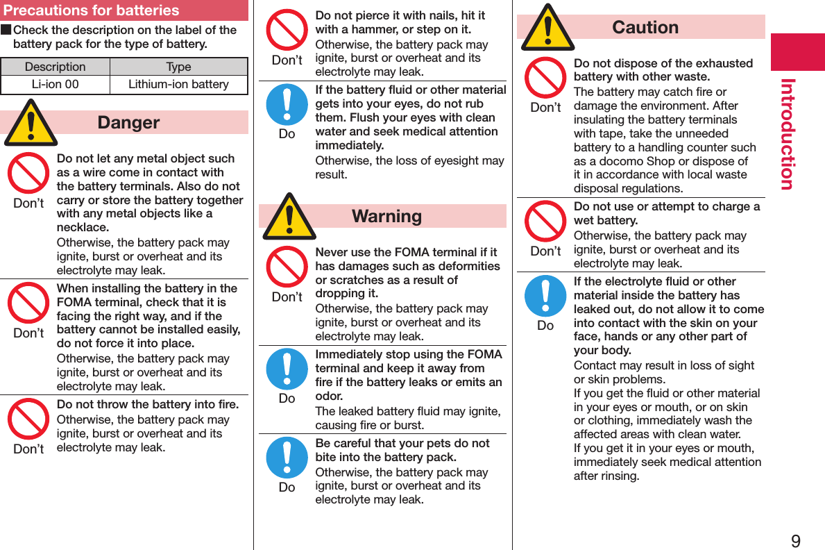 9IntroductionPrecautions for batteries ■Check the description on the label of the battery pack for the type of battery.Description TypeLi-ion 00 Lithium-ion battery  DangerDo not let any metal object such as a wire come in contact with the battery terminals. Also do not carry or store the battery together with any metal objects like a necklace.Otherwise, the battery pack may ignite, burst or overheat and its electrolyte may leak.When installing the battery in the FOMA terminal, check that it is facing the right way, and if the battery cannot be installed easily, do not force it into place.Otherwise, the battery pack may ignite, burst or overheat and its electrolyte may leak.Do not throw the battery into ﬁre.Otherwise, the battery pack may ignite, burst or overheat and its electrolyte may leak.Do not pierce it with nails, hit it with a hammer, or step on it.Otherwise, the battery pack may ignite, burst or overheat and its electrolyte may leak.If the battery ﬂuid or other material gets into your eyes, do not rub them. Flush your eyes with clean water and seek medical attention immediately.Otherwise, the loss of eyesight may result.  WarningNever use the FOMA terminal if it has damages such as deformities or scratches as a result of dropping it.Otherwise, the battery pack may ignite, burst or overheat and its electrolyte may leak.Immediately stop using the FOMA terminal and keep it away from ﬁre if the battery leaks or emits an odor.The leaked battery ﬂuid may ignite, causing ﬁre or burst.Be careful that your pets do not bite into the battery pack.Otherwise, the battery pack may ignite, burst or overheat and its electrolyte may leak.  CautionDo not dispose of the exhausted battery with other waste.The battery may catch ﬁre or damage the environment. After insulating the battery terminals with tape, take the unneeded battery to a handling counter such as a docomo Shop or dispose of it in accordance with local waste disposal regulations.Do not use or attempt to charge a wet battery.Otherwise, the battery pack may ignite, burst or overheat and its electrolyte may leak.If the electrolyte ﬂuid or other material inside the battery has leaked out, do not allow it to come into contact with the skin on your face, hands or any other part of your body.Contact may result in loss of sight or skin problems. If you get the ﬂuid or other material in your eyes or mouth, or on skin or clothing, immediately wash the affected areas with clean water. If you get it in your eyes or mouth, immediately seek medical attention after rinsing.Don’tDon’tDon’tDon’tDoDon’tDoDoDon’tDon’tDo