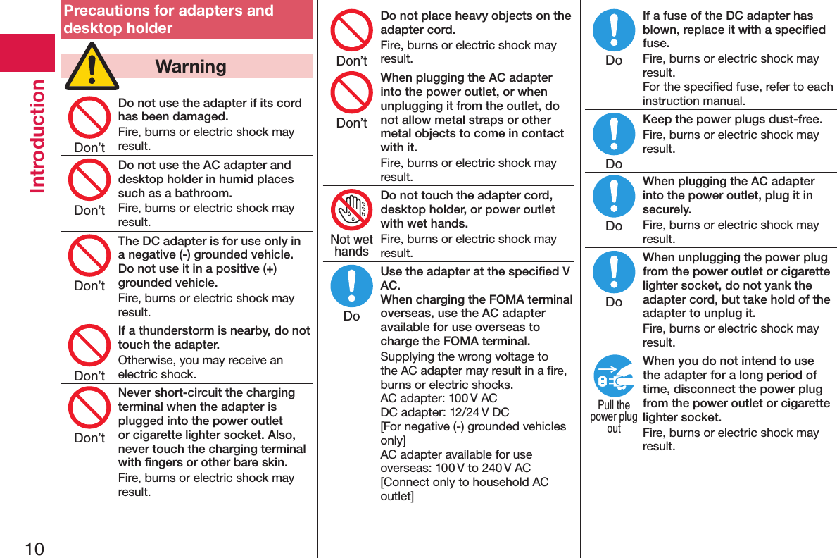 10IntroductionPrecautions for adapters and desktop holder  WarningDo not use the adapter if its cord has been damaged.Fire, burns or electric shock may result.Do not use the AC adapter and desktop holder in humid places such as a bathroom.Fire, burns or electric shock may result.The DC adapter is for use only in a negative (-) grounded vehicle. Do not use it in a positive (+) grounded vehicle.Fire, burns or electric shock may result.If a thunderstorm is nearby, do not touch the adapter.Otherwise, you may receive an electric shock.Never short-circuit the charging terminal when the adapter is plugged into the power outlet or cigarette lighter socket. Also, never touch the charging terminal with ﬁngers or other bare skin.Fire, burns or electric shock may result.Do not place heavy objects on the adapter cord.Fire, burns or electric shock may result.When plugging the AC adapter into the power outlet, or when unplugging it from the outlet, do not allow metal straps or other metal objects to come in contact with it.Fire, burns or electric shock may result.Do not touch the adapter cord, desktop holder, or power outlet with wet hands.Fire, burns or electric shock may result.Use the adapter at the speciﬁed V AC. When charging the FOMA terminal overseas, use the AC adapter available for use overseas to charge the FOMA terminal.Supplying the wrong voltage to the AC adapter may result in a ﬁre, burns or electric shocks. AC adapter: 100 V AC DC adapter: 12/24 V DC [For negative (-) grounded vehicles only] AC adapter available for use overseas: 100 V to 240 V AC [Connect only to household AC outlet]If a fuse of the DC adapter has blown, replace it with a speciﬁed fuse.Fire, burns or electric shock may result. For the speciﬁed fuse, refer to each instruction manual.Keep the power plugs dust-free.Fire, burns or electric shock may result.When plugging the AC adapter into the power outlet, plug it in securely.Fire, burns or electric shock may result.When unplugging the power plug from the power outlet or cigarette lighter socket, do not yank the adapter cord, but take hold of the adapter to unplug it.Fire, burns or electric shock may result.When you do not intend to use the adapter for a long period of time, disconnect the power plug from the power outlet or cigarette lighter socket.Fire, burns or electric shock may result.Don’tDon’tDon’tDon’tDon’tDon’tDon’tNot wethandsDoDoDoDoDoPull thepower plugout