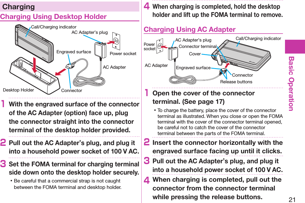 21Basic OperationChargingCharging Using Desktop HolderDesktop HolderCall/Charging indicatorEngraved surface Power socketAC AdapterAC Adapter’s plugConnector1With the engraved surface of the connector of the AC Adapter (option) face up, plug the connector straight into the connector terminal of the desktop holder provided.2Pull out the AC Adapter’s plug, and plug it into a household power socket of 100 V AC.3Set the FOMA terminal for charging terminal side down onto the desktop holder securely. 󱛡Be careful that a commercial strap is not caught between the FOMA terminal and desktop holder.4When charging is completed, hold the desktop holder and lift up the FOMA terminal to remove.Charging Using AC AdapterCoverRelease buttonsConnector terminalAC Adapter’s plug Call/Charging indicatorEngraved surfaceConnectorPower socketAC Adapter1Open the cover of the connector terminal. (See page 17) 󱛡To charge the battery, place the cover of the connector terminal as illustrated. When you close or open the FOMA terminal with the cover of the connector terminal opened, be careful not to catch the cover of the connector terminal between the parts of the FOMA terminal. 2Insert the connector horizontally with the engraved surface facing up until it clicks.3Pull out the AC Adapter’s plug, and plug it into a household power socket of 100 V AC.4When charging is completed, pull out the connector from the connector terminal while pressing the release buttons.