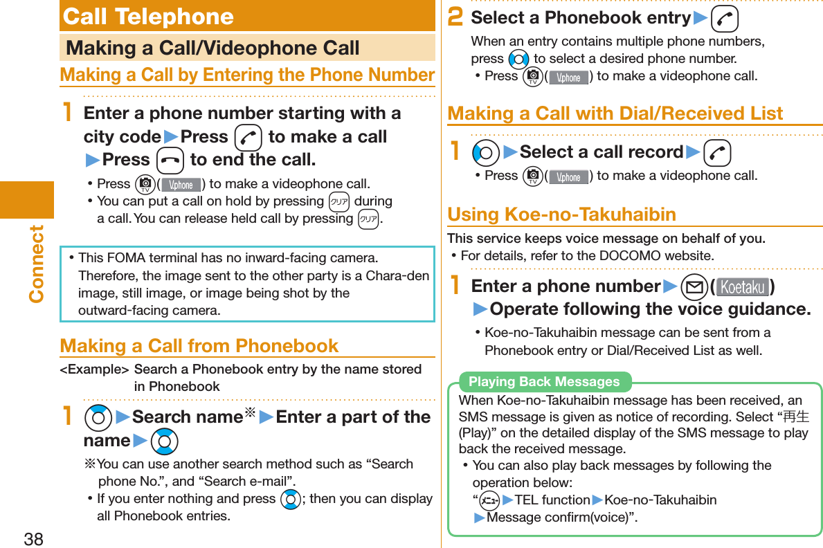 38Connect Call Telephone   Making a Call/Videophone CallMaking a Call by Entering the Phone Number1Enter a phone number starting with a city code▶Press d to make a call▶Press h to end the call. 󱛡Press c() to make a videophone call. 󱛡You can put a call on  hold by pressing r during a call. You can release held call by pressing r. 󱛡This FOMA terminal has no inward-facing camera. Therefore, the image sent to the other party is a Chara-den image, still image, or image being shot by the outward-facing camera. Making a Call from Phonebook&lt;Example&gt; Search a Phonebook entry by the name stored in Phonebook1Zo▶Search name※▶Enter a part of the name▶Bo※You can use another search method such as “Search phone No.”, and “Search e-mail”. 󱛡If you enter nothing and press Bo; then you can display all Phonebook entries.2Select a Phonebook entry▶dWhen an entry contains multiple phone numbers, press No to select a desired phone number. 󱛡Press c() to make a videophone call. Making a Call with Dial/Received List1Co▶Select a call record▶d 󱛡Press c( ) to make a videophone call.  Using Koe-no-TakuhaibinThis service keeps voice message on behalf of you. 󱛡For details, refer to the DOCOMO website.1Enter a phone number▶l( )▶Operate following the voice guidance. 󱛡Koe-no-Takuhaibin message can be sent from a Phonebook entry or Dial/Received List as well.When Koe-no-Takuhaibin message has been received, an SMS message is given as notice of recording. Select “再生 (Play)” on the detailed display of the SMS message to play back the received message. 󱛡You can also play back messages by following the operation below:“m▶TEL function▶Koe-no-Takuhaibin▶Message conﬁ rm(voice)”.Playing Back Messages