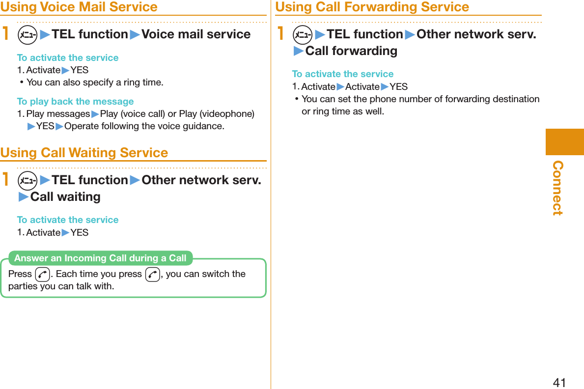 41ConnectUsing Voice Mail Service1m▶TEL function▶Voice mail serviceTo activate the service1. Activate▶YES 󱛡You can also specify a ring time. To play back the message1. Play messages▶Play (voice call) or Play (videophone)▶YES▶Operate following the voice guidance.Using Call Waiting Service1m▶TEL function▶Other network serv.▶Call waitingTo activate the service1. Activate▶YESPress d. Each time you press d, you can switch the parties you can talk with.Answer an Incoming Call during a CallUsing Call Forwarding Service1m▶TEL function▶Other network serv.▶Call forwardingTo activate the service1. Activate▶Activate▶YES 󱛡You can set the phone number of forwarding destination or ring time as well.