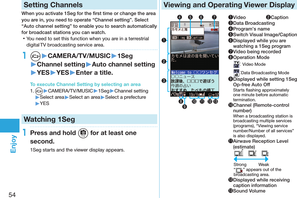 54Enjoy  Setting ChannelsWhen you activate 1Seg for the ﬁ rst time or change the area you are in, you need to operate “Channel setting”. Select “Auto channel setting” to enable you to search automatically for broadcast stations you can watch. 󱛡You need to set this function when you are in a terrestrial digital TV broadcasting service area.1m▶CAMERA/TV/MUSIC▶1Seg▶Channel setting▶Auto channel setting▶YES▶YES▶Enter a title.To execute Channel Setting by selecting an area1. m▶CAMERA/TV/MUSIC▶1Seg▶Channel setting▶Select area▶Select an area▶Select a prefecture▶YESWatching 1Seg1Press and hold c for at least one second.1Seg starts and the viewer display appears. Viewing and Operating Viewer Display❶❷❸❹ ❺ ❻ ❼❽❾󱀓 󱀔 󱀕 󱀖❶Video  ❷Caption❸Data Broadcasting❹Program’s name❺Switch Visual Image/Caption❻ Displayed while you are watching a 1Seg program❼Video being recorded❽Operation Mode： Video Mode：Data Broadcasting Mode❾ Displayed while setting 1Seg Op-free Auto OffStarts ﬂ ashing approximately one minute before automatic termination.󱀓 Channel (Remote-control number)When a broadcasting station is broadcasting multiple services (programs), “Viewing service number/Number of all services” is also displayed.󱀔 Airwave Reception Level (estimate)   Strong  Weak“” appears out of the broadcasting area.󱀕 Displayed while receiving caption information󱀖Sound Volume