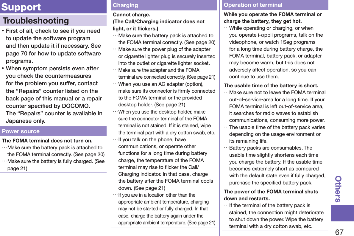 67OthersSupportTroubleshooting 󱛡First of all, check to see if you need to update the software program and then update it if necessary. See page 70 for how to update software programs. 󱛡When symptom persists even after you check the countermeasures for the problem you suffer, contact the “Repairs” counter listed on the back page of this manual or a repair counter speciﬁed by DOCOMO. The “Repairs” counter is available in Japanese only.Power sourceThe FOMA terminal does not turn on. …Make sure the battery pack is attached to the FOMA terminal correctly. (See page 20) …Make sure the battery is fully charged. (See page 21)ChargingCannot charge. (The Call/Charging indicator does not light, or it ﬂickers.) …Make sure the battery pack is attached to the FOMA terminal correctly. (See page 20) …Make sure the power plug of the adapter or cigarette lighter plug is securely inserted into the outlet or cigarette lighter socket. …Make sure the adapter and the FOMA terminal are connected correctly. (See page 21) …When you use an AC adapter (option), make sure its connector is ﬁrmly connected to the FOMA terminal or the provided desktop holder. (See page 21) …When you use the desktop holder, make sure the connector terminal of the FOMA terminal is not stained. If it is stained, wipe the terminal part with a dry cotton swab, etc. …If you talk on the phone, have communications, or operate other functions for a long time during battery charge, the temperature of the FOMA terminal may rise to ﬂicker the Call/Charging indicator. In that case, charge the battery after the FOMA terminal cools down. (See page 21) …If you are in a location other than the appropriate ambient temperature, charging may not be started or fully charged. In that case, charge the battery again under the appropriate ambient temperature. (See page 21)Operation of terminalWhile you operate the FOMA terminal or charge the battery, they get hot. …While operating or charging, or when you operate i-αppli programs, talk on the videophone, or watch 1Seg programs for a long time during battery charge, the FOMA terminal, battery pack, or adapter may become warm, but this does not adversely affect operation, so you can continue to use them.The usable time of the battery is short. …Make sure not to leave the FOMA terminal out-of-service-area for a long time. If your FOMA terminal is left out-of-service area, it searches for radio waves to establish communications, consuming more power. …The usable time of the battery pack varies depending on the usage environment or its remaining life. …Battery packs are consumables. The usable time slightly shortens each time you charge the battery. If the usable time becomes extremely short as compared with the default state even if fully charged, purchase the speciﬁed battery pack.The power of the FOMA terminal shuts down and restarts. …If the terminal of the battery pack is stained, the connection might deteriorate to shut down the power. Wipe the battery terminal with a dry cotton swab, etc.