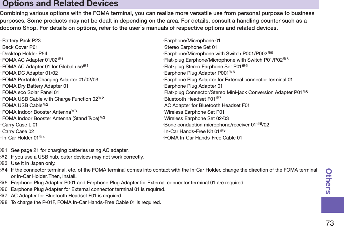 73OthersOptions and Related DevicesCombining various options with the FOMA terminal, you can realize more versatile use from personal purpose to business purposes. Some products may not be dealt in depending on the area. For details, consult a handling counter such as a docomo Shop. For details on options, refer to the user’s manuals of respective options and related devices.・Battery Pack P23・Back Cover P61・Desktop Holder P54・FOMA AC Adapter 01/02※1・FOMA AC Adapter 01 for Global use※1・FOMA DC Adapter 01/02・FOMA Portable Charging Adapter 01/02/03・FOMA Dry Battery Adapter 01・FOMA eco Solar Panel 01・FOMA USB Cable with Charge Function 02※2・FOMA USB Cable※2・FOMA Indoor Booster Antenna※3・FOMA Indoor Booster Antenna (Stand Type)※3・Carry Case L 01・Carry Case 02・In-Car Holder 01※4・Earphone/Microphone 01・Stereo Earphone Set 01・Earphone/Microphone with Switch P001/P002※5・Flat-plug Earphone/Microphone with Switch P01/P02※6・Flat-plug Stereo Earphone Set P01※6・Earphone Plug Adapter P001※6・Earphone Plug Adapter for External connector terminal 01・Earphone Plug Adapter 01・Flat-plug Connector/Stereo Mini-jack Conversion Adapter P01※6・Bluetooth Headset F01※7・AC Adapter for Bluetooth Headset F01・Wireless Earphone Set P01・Wireless Earphone Set 02/03・Bone conduction microphone/receiver 01※6/02・In-Car Hands-Free Kit 01※8・FOMA In-Car Hands-Free Cable 01※1  See page 21 for charging batteries using AC adapter.※2  If you use a USB hub, outer devices may not work correctly.※3  Use it in Japan only.※4  If the connector terminal, etc. of the FOMA terminal comes into contact with the In-Car Holder, change the direction of the FOMA terminal or In-Car Holder. Then, install.※5  Earphone Plug Adapter P001 and Earphone Plug Adapter for External connector terminal 01 are required.※6  Earphone Plug Adapter for External connector terminal 01 is required.※7  AC Adapter for Bluetooth Headset F01 is required.※8  To charge the P-01F, FOMA In-Car Hands-Free Cable 01 is required.