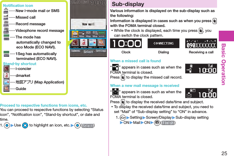 25Basic OperationProceed to respective functions from icons, etc.You can proceed to respective functions by selecting “Status icon”, “Notiﬁ cation icon”, “Stand-by shortcut”, or date and time.1. Oo▶Use Mo to highlight an icon, etc.▶Oo( ) Sub-displayVarious information is displayed on the sub-display such as the following:Information is displayed in cases such as when you press x with the FOMA terminal closed. ⿠While the clock is displayed, each time you press x, you can switch the clock pattern.Clock Dialing Receiving a callWhen a missed call is found“” appears in cases such as when the FOMA terminal is closed.Press x to display the missed call record.When a new mail message is received“” appears in cases such as when the FOMA terminal is closed.Press x to display the received date/time and subject. ⿠To display the received date/time and subject, you need to set “Mail” of “Sub-display setting” to “ON” in advance.1. m▶Setting▶Screen/Display▶Sub-display setting▶ON▶Mail▶ON▶c( ) Notiﬁ cation icon ······New i-mode mail or SMS ······Missed call ······ Record message······Videophone record message   ·····The mode has automatically changed to eco Mode ( ECO NAVI). ·····1Seg has automatically terminated ( ECO NAVI). Stand-by shortcut ····· i-concier ····· dmarket ·····地図アプリ (Map Application) ····· Guide