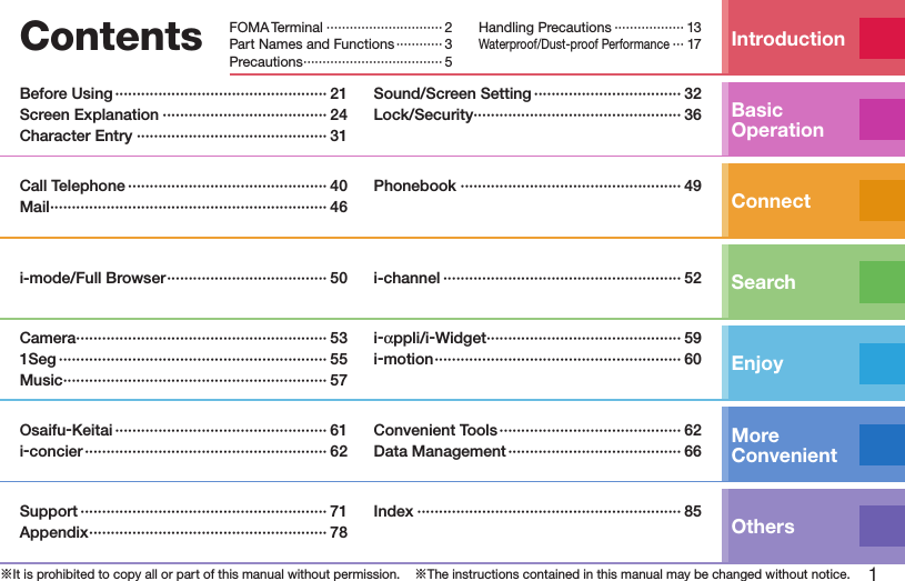 1※It is prohibited to copy all or part of this manual without permission.    ※The instructions contained in this manual may be changed without notice.Contents IntroductionFOMA Terminal ······························ 2Part Names and Functions ············ 3Precautions ····································5Handling Precautions ·················· 13Waterproof/Dust-proof Performance ··· 17Basic OperationBefore Using ················································· 21Screen Explanation ······································ 24Character Entry ············································ 31Sound/Screen Setting ·································· 32Lock/Security ················································ 36ConnectCall Telephone ·············································· 40Mail ································································ 46Phonebook ··················································· 49Searchi-mode/Full Browser ····································· 50 i-channel ······················································· 52EnjoyCamera ·························································· 531Seg ······························································ 55Music ····························································· 57i-appli/i-Widget ············································· 59i-motion ························································· 60More  ConvenientOsaifu-Keitai ················································· 61i-concier ························································ 62Convenient Tools ·········································· 62Data Management ········································ 66OthersSupport ························································· 71Appendix ······················································· 78Index ····························································· 85