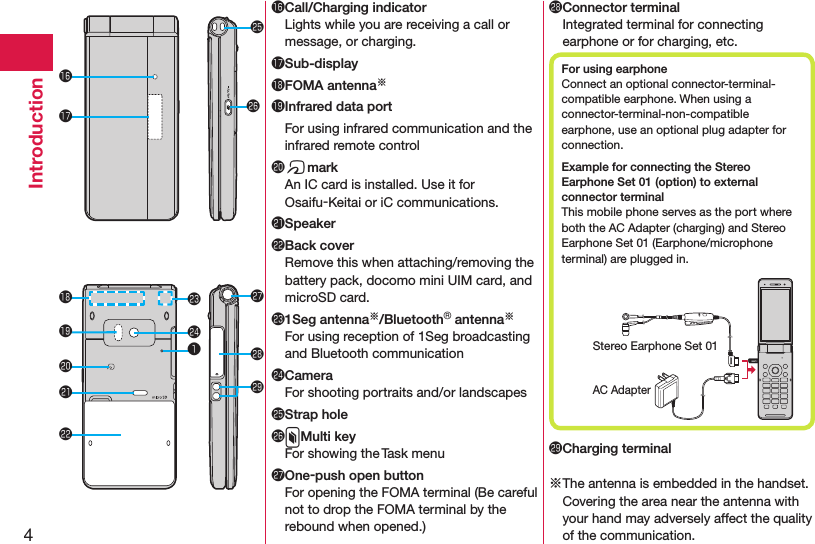 4Introduction󱀙Call/Charging indicatorLights while you are receiving a call or message, or charging.󱀚Sub-display󱀛FOMA antenna※󱀜Infrared data portFor using infrared communication and the infrared remote control󱀝fmarkAn IC card is installed. Use it for Osaifu-Keitai or iC communications.󱀞Speaker󱀟Back coverRemove this when attaching/removing the battery pack, docomo mini UIM card, and microSD card.󱀠1Seg antenna※/Bluetooth® antenna※For using reception of 1Seg broadcasting and Bluetooth communication󱀡CameraFor shooting portraits and/or landscapes󱀢Strap hole󱀣xMulti keyFor showing the Task menu󱀤One-push open buttonFor opening the FOMA terminal (Be careful not to drop the FOMA terminal by the rebound when opened.)󱀥Connector terminalIntegrated terminal for connecting earphone or for charging, etc.For using earphoneConnect an optional connector-terminal- compatible earphone. When using a  connector-terminal-non-compatible earphone, use an optional plug adapter for connection.Example for connecting the Stereo Earphone Set 01 (option) to external connector terminalThis mobile phone serves as the port where both the AC Adapter (charging) and Stereo Earphone Set 01 (Earphone/microphone terminal) are plugged in.AC AdapterStereo Earphone Set 01󱀦Charging terminal※The antenna is embedded in the handset. Covering the area near the antenna with your hand may adversely affect the quality of the communication.󱀞󱀟󱀠󱀤󱀦󱀜󱀛󱀥󱀣󱀢󱀡󱀚󱀙󱀝❶