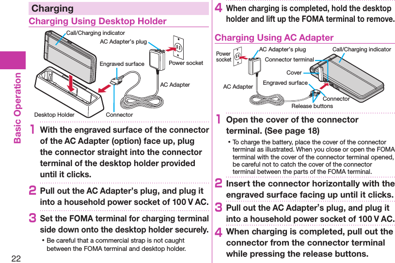 22Basic OperationChargingCharging Using Desktop HolderDesktop HolderCall/Charging indicatorEngraved surface Power socketAC AdapterAC Adapter’s plugConnector1With the engraved surface of the connector of the AC Adapter (option) face up, plug the connector straight into the connector terminal of the desktop holder provided until it clicks.2Pull out the AC Adapter’s plug, and plug it into a household power socket of 100 V AC.3Set the FOMA terminal for charging terminal side down onto the desktop holder securely. ⿠Be careful that a commercial strap is not caught between the FOMA terminal and desktop holder.4When charging is completed, hold the desktop holder and lift up the FOMA terminal to remove.Charging Using AC AdapterCoverRelease buttonsConnector terminalAC Adapter’s plug Call/Charging indicatorEngraved surfaceConnectorPower socketAC Adapter1Open the cover of the connector terminal. (See page 18) ⿠To charge the battery, place the cover of the connector terminal as illustrated. When you close or open the FOMA terminal with the cover of the connector terminal opened, be careful not to catch the cover of the connector terminal between the parts of the FOMA terminal. 2Insert the connector horizontally with the engraved surface facing up until it clicks.3Pull out the AC Adapter’s plug, and plug it into a household power socket of 100 V AC.4When charging is completed, pull out the connector from the connector terminal while pressing the release buttons.