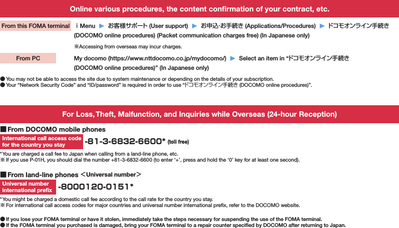 Online various procedures, the content conﬁrmation of your contract, etc.From this FOMA terminal   ｉMenu  ▶  お客様サポート (User support)  ▶  お申込・お手続き (Applications/Procedures)  ▶  ドコモオンライン手続き   (DOCOMO online procedures) (Packet communication charges free) (In Japanese only) ※Accessing from overseas may incur charges.From PC   My docomo (https://www.nttdocomo.co.jp/mydocomo/)  ▶  Select an item in “ドコモオンライン手続き  (DOCOMO online procedures)” (In Japanese only) ●You may not be able to access the site due to system maintenance or depending on the details of your subscription. ●Your “Network Security Code” and “ID/password” is required in order to use “ドコモオンライン手続き (DOCOMO online procedures)”.For Loss, Theft, Malfunction, and Inquiries while Overseas (24-hour Reception) ■From DOCOMO mobile phonesInternational call access code for the country you stay  -81-3-6832-6600* (toll free)* You are charged a call fee to Japan when calling from a land-line phone, etc.※ If you use P-01H, you should dial the number +81-3-6832-6600 (to enter ‘+’, press and hold the ‘0’ key for at least one second). ■From land-line phones ＜Universal number＞Universal number  international preﬁx  -8000120-0151** You might be charged a domestic call fee according to the call rate for the country you stay.※ For international call access codes for major countries and universal number international preﬁx, refer to the DOCOMO website. ●If you lose your FOMA terminal or have it stolen, immediately take the steps necessary for suspending the use of the FOMA terminal. ●If the FOMA terminal you purchased is damaged, bring your FOMA terminal to a repair counter speciﬁed by DOCOMO after returning to Japan.