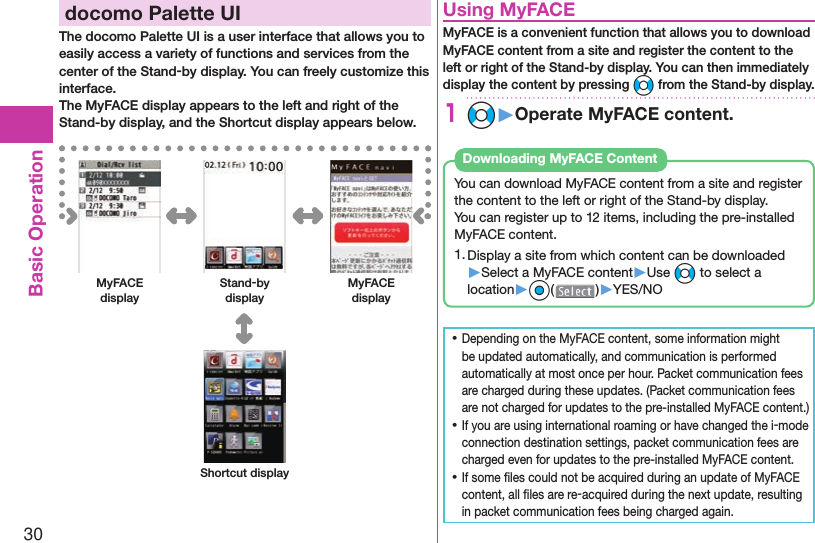 30Basic Operation  docomo Palette UIThe docomo Palette UI is a user interface that allows you to easily access a variety of functions and services from the center of the Stand-by display. You can freely customize this interface.The MyFACE display appears to the left and right of the Stand-by display, and the Shortcut display appears below.MyFACE displayStand-by displayMyFACE displayShortcut display  Using MyFACEMyFACE is a convenient function that allows you to download MyFACE content from a site and register the content to the left or right of the Stand-by display. You can then immediately display the content by pressing No from the Stand-by display.+1No▶Operate MyFACE content.You can download MyFACE content from a site and register the content to the left or right of the Stand-by display.You can register up to 12 items, including the pre-installed MyFACE content.1. Display a site from which content can be downloaded▶Select a MyFACE content▶Use No to select a location▶Oo( )▶YES/NODownloading MyFACE Content ⿠Depending on the MyFACE content, some information might be updated automatically, and communication is performed automatically at most once per hour. Packet communication fees are charged during these updates. (Packet communication fees are not charged for updates to the pre-installed MyFACE content.) ⿠If you are using international roaming or have changed the i-mode connection destination settings, packet communication fees are charged even for updates to the pre-installed MyFACE content. ⿠If some ﬁ les could not be acquired during an update of MyFACE content, all ﬁ les are re-acquired during the next update, resulting in packet communication fees being charged again.