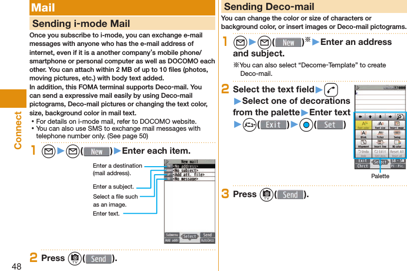 48Connect Mail     Sending i-mode MailOnce you subscribe to i-mode, you can exchange e-mail messages with anyone who has the e-mail address of internet, even if it is a another company’s mobile phone/smartphone or personal computer as well as DOCOMO each other. You can attach within 2 MB of up to 10 ﬁ les (photos, moving pictures, etc.) with body text added.In addition, this FOMA terminal supports Deco-mail. You can send a expressive mail easily by using Deco-mail pictograms, Deco-mail pictures or changing the text color, size, background color in mail text. ⿠For details on i-mode mail, refer to DOCOMO website. ⿠You can also use SMS to exchange mail messages with telephone number only. (See page 50)1l▶l( )▶Enter each item.Enter a destination (mail address).Enter a subject.Enter text.Select a ﬁ le such as an image.2Press c( ). Sending Deco-mailYou can change the color or size of characters or background color, or insert images or Deco-mail pictograms.1l▶l( )※▶Enter an address and subject.※You can also select “Decome-Template” to create Deco-mail.2Select the text ﬁ eld▶d▶Select one of decorations from the palette▶Enter text▶m( )▶Oo( )Palette3Press c( ).