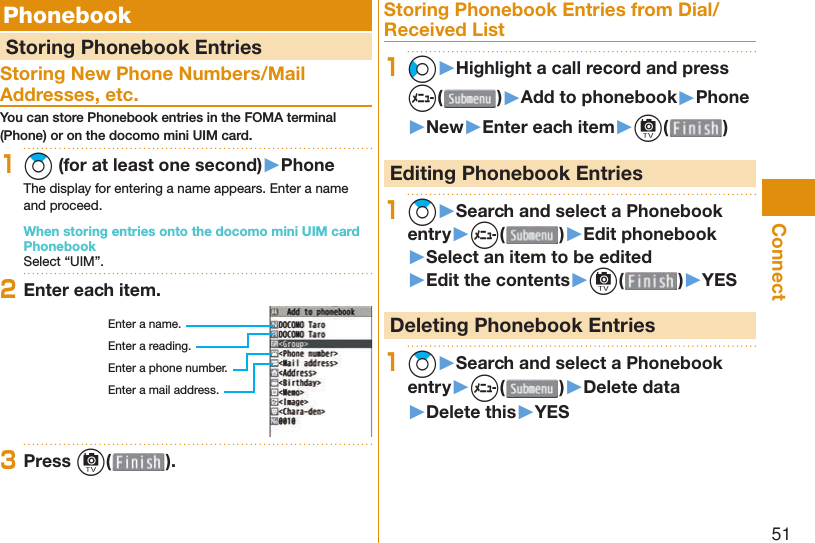 51Connect  Phonebook  Storing Phonebook EntriesStoring New Phone Numbers/Mail Addresses, etc.You can store Phonebook entries in the FOMA terminal (Phone) or on the docomo mini UIM card.1Zo (for at least one second)▶PhoneThe display for entering a name appears. Enter a name and proceed.When storing entries onto the docomo mini UIM card PhonebookSelect “UIM”.2Enter each item.Enter a name.Enter a reading.Enter a phone number.Enter a mail address.3Press c( ).Storing Phonebook Entries from Dial/Received List1Co▶Highlight a call record and press m()▶Add to phonebook▶Phone▶New▶Enter each item▶c( ) Editing Phonebook Entries1Zo▶Search and select a Phonebook entry▶m( )▶Edit phonebook▶Select an item to be edited▶Edit the contents▶c( )▶YES Deleting Phonebook Entries1Zo▶Search and select a Phonebook entry▶m( )▶Delete data▶Delete this▶YES