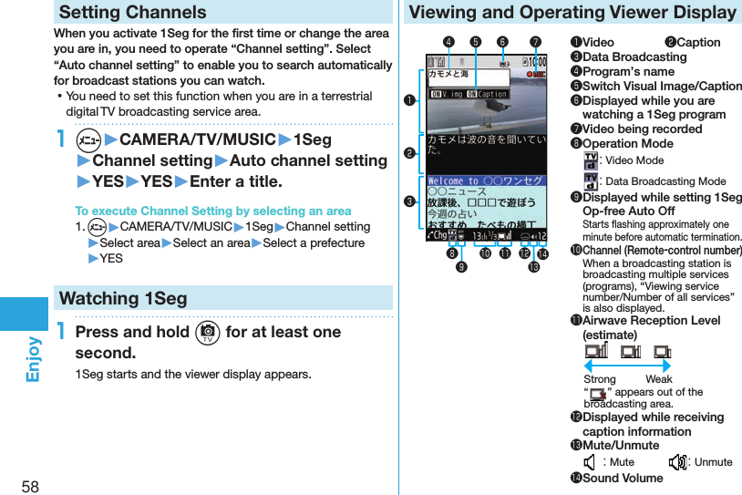 58Enjoy  Setting ChannelsWhen you activate 1Seg for the ﬁ rst time or change the area you are in, you need to operate “Channel setting”. Select “Auto channel setting” to enable you to search automatically for broadcast stations you can watch. ⿠You need to set this function when you are in a terrestrial digital TV broadcasting service area.1m▶CAMERA/TV/MUSIC▶1Seg▶Channel setting▶Auto channel setting▶YES▶YES▶Enter a title.To execute Channel Setting by selecting an area1. m▶CAMERA/TV/MUSIC▶1Seg▶Channel setting▶Select area▶Select an area▶Select a prefecture▶YESWatching 1Seg1Press and hold c for at least one second.1Seg starts and the viewer display appears. Viewing and Operating Viewer Display󱀗❶❷❸❹ ❺ ❻ ❼❽❾󱀓 󱀔 󱀕󱀖❶Video  ❷Caption❸Data Broadcasting❹Program’s name❺Switch Visual Image/Caption❻ Displayed while you are watching a 1Seg program❼Video being recorded❽Operation Mode： Video Mode： Data Broadcasting Mode❾ Displayed while setting 1Seg Op-free Auto OffStarts ﬂ ashing approximately one minute before automatic termination.󱀓 Channel (Remote-control number)When a broadcasting station is broadcasting multiple services (programs), “Viewing service number/Number of all services” is also displayed.󱀔 Airwave Reception Level (estimate)(estimate)　 　Strong  Weak“” appears out of the broadcasting area.󱀕 Displayed while receiving caption information󱀖Mute/Unmute： Mute  ： Unmute󱀗Sound Volume