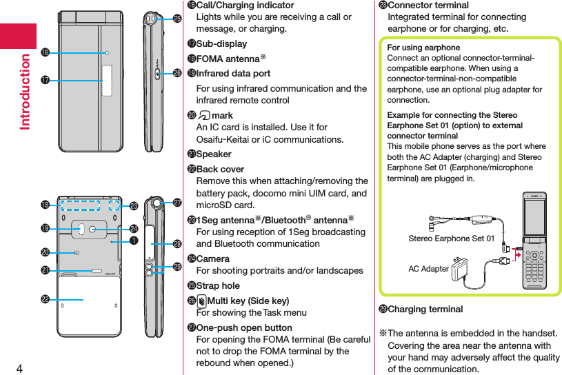 4Introduction󱀙Call/Charging indicatorLights while you are receiving a call or message, or charging.󱀚Sub-display󱀛FOMA antenna※󱀜Infrared data portFor using infrared communication and the infrared remote control󱀝fmarkAn IC card is installed. Use it for Osaifu-Keitai or iC communications.󱀞Speaker󱀟Back coverRemove this when attaching/removing the battery pack, docomo mini UIM card, and microSD card.󱀠1Seg antenna※/Bluetooth® antenna※For using reception of 1Seg broadcasting and Bluetooth communication󱀡CameraFor shooting portraits and/or landscapes󱀢Strap hole󱀣xMulti key (Side key)For showing the Task menu󱀤One-push open buttonFor opening the FOMA terminal (Be careful not to drop the FOMA terminal by the rebound when opened.)󱀥Connector terminalIntegrated terminal for connecting earphone or for charging, etc.For using earphoneConnect an optional connector-terminal- compatible earphone. When using a  connector-terminal-non-compatible earphone, use an optional plug adapter for connection.Example for connecting the Stereo Earphone Set 01 (option) to external connector terminalThis mobile phone serves as the port where both the AC Adapter (charging) and Stereo Earphone Set 01 (Earphone/microphone terminal) are plugged in.AC AdapterStereo Earphone Set 01󱀦Charging terminal※The antenna is embedded in the handset. Covering the area near the antenna with your hand may adversely affect the quality of the communication.󱀞󱀟󱀠󱀤󱀦󱀜󱀛󱀥󱀣󱀢󱀡󱀚󱀙󱀝❶