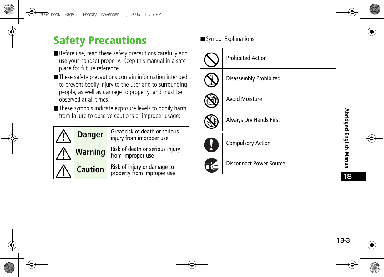 18-318Abridged English ManualSafety Precautions■Before use, read these safety precautions carefully and use your handset properly. Keep this manual in a safe place for future reference.■These safety precautions contain information intended to prevent bodily injury to the user and to surrounding people, as well as damage to property, and must be observed at all times.■These symbols indicate exposure levels to bodily harm from failure to observe cautions or improper usage:■Symbol Explanations Danger Great risk of death or serious injury from improper use Warning Risk of death or serious injury from improper use Caution Risk of injury or damage to property from improper useProhibited ActionDisassembly ProhibitedAvoid MoistureAlways Dry Hands FirstCompulsory ActionDisconnect Power Source706P.book  Page 3  Monday, November 13, 2006  1:05 PM