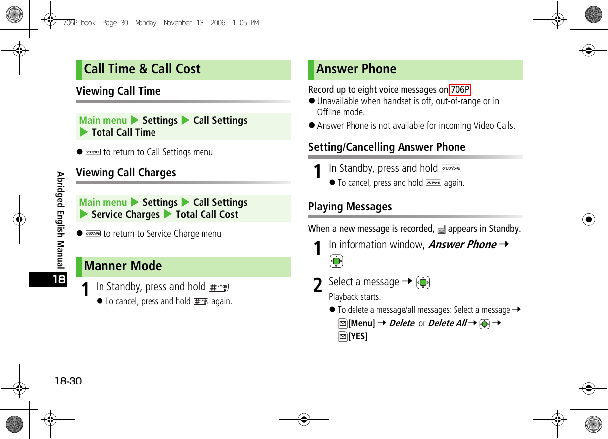 Abridged English Manual18-3018Viewing Call Time! to return to Call Settings menuViewing Call Charges! to return to Service Charge menu1In Standby, press and hold !To cancel, press and hold   again.Record up to eight voice messages on 706P.!Unavailable when handset is off, out-of-range or in Offline mode.!Answer Phone is not available for incoming Video Calls.Setting/Cancelling Answer Phone1In Standby, press and hold !To cancel, press and hold   again.Playing MessagesWhen a new message is recorded,   appears in Standby.1In information window, Answer Phone 7 2Select a message 7 Playback starts.!To delete a message/all messages: Select a message 7 [Menu] 7 Delete or Delete All 7  7 [YES]Call Time &amp; Call CostMain menu 4 Settings 4 Call Settings 4 Total Call TimeMain menu 4 Settings 4 Call Settings 4 Service Charges 4 Total Call Cost Manner ModeAnswer Phone706P.book  Page 30  Monday, November 13, 2006  1:05 PM