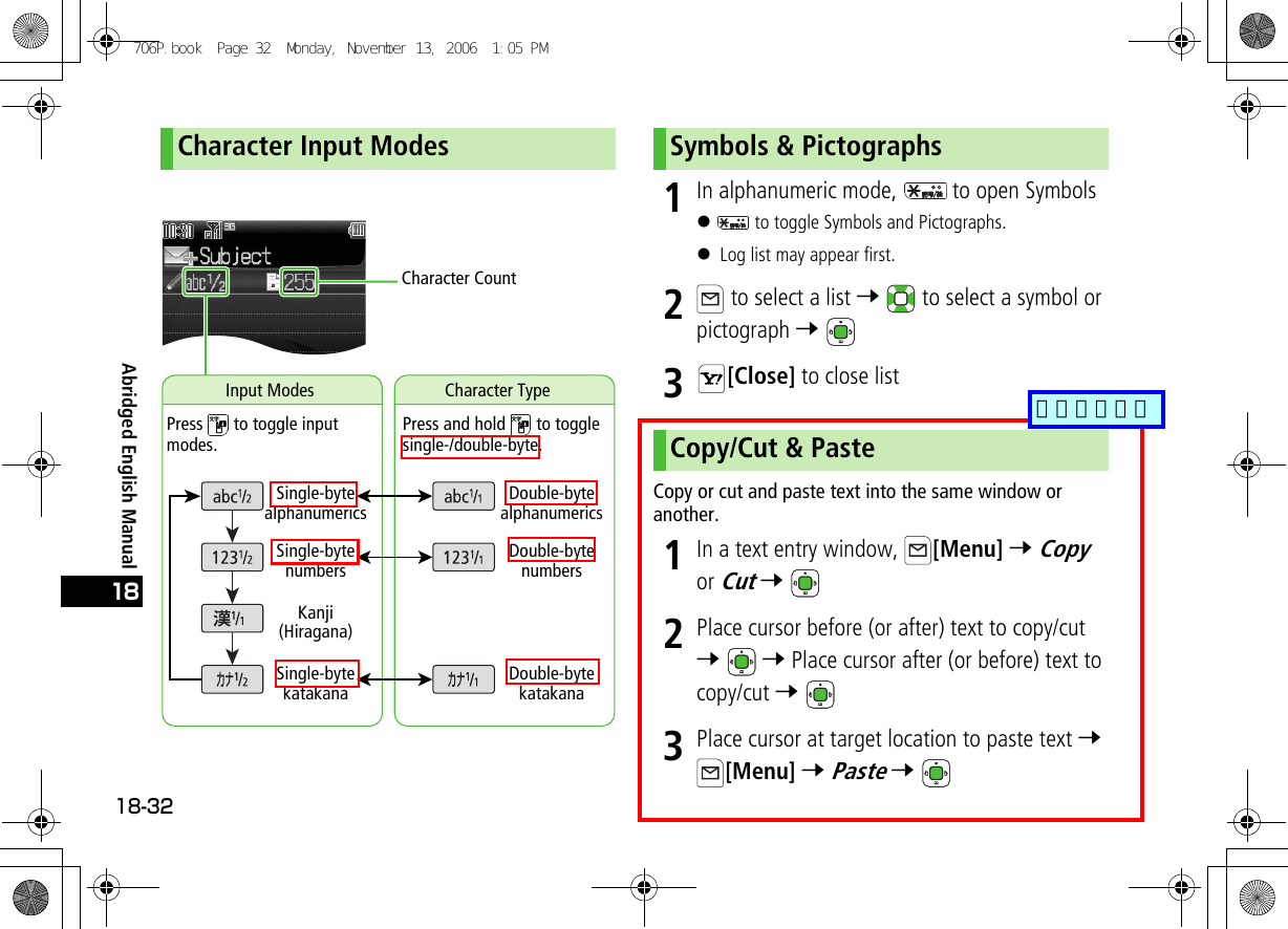 Abridged English Manual18-32181In alphanumeric mode,   to open Symbols! to toggle Symbols and Pictographs.! Log list may appear first.2 to select a list 7   to select a symbol or pictograph 7 3[Close] to close listCopy or cut and paste text into the same window or another.1In a text entry window,  [Menu] 7 Copy  or Cut 7 2Place cursor before (or after) text to copy/cut 7  7 Place cursor after (or before) text to copy/cut 7 3Place cursor at target location to paste text 7 [Menu] 7 Paste 7 Character Input ModesInput ModesCharacter CountCharacter TypePress and hold   to toggle single-/double-byte.Press   to toggle input modes.Single-byte alphanumericsSingle-byte numbersKanji(Hiragana)Double-byte alphanumericsDouble-byte numbersSingle-byte katakanaDouble-byte katakanaSymbols &amp; PictographsCopy/Cut &amp; Paste706P.book  Page 32  Monday, November 13, 2006  1:05 PM追加しました