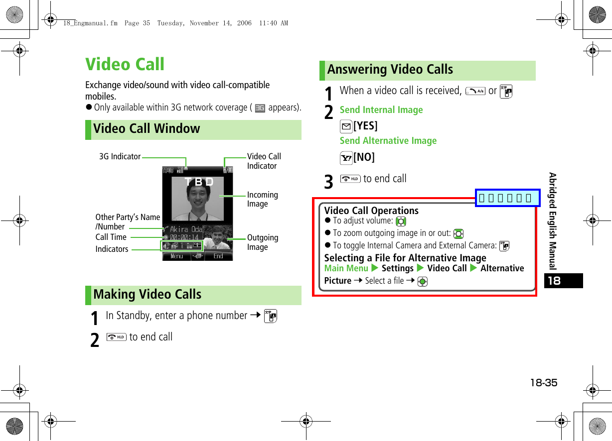 18-3518Abridged English ManualVideo CallExchange video/sound with video call-compatible mobiles.!Only available within 3G network coverage (   appears).1In Standby, enter a phone number 7 2 to end call1When a video call is received,   or 2Send Internal Image[YES]Send Alternative Image[NO]3 to end callVideo Call WindowMaking Video CallsOutgoing ImageIncoming ImageCall TimeOther Party’s Name /Number3G IndicatorIndicatorsVideo Call IndicatorT B DAnswering Video CallsVideo Call Operations!To adjust volume: !To zoom outgoing image in or out: !To toggle Internal Camera and External Camera: Selecting a File for Alternative ImageMain Menu 4 Settings 4 Video Call 4 Alternative Picture 7 Select a file 7 18_Engmanual.fm  Page 35  Tuesday, November 14, 2006  11:40 AM追加しました