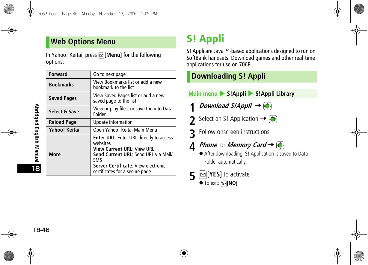 Abridged English Manual18-4618In Yahoo! Keitai, press  [Menu] for the following options:S! AppliS! Appli are Java™-based applications designed to run on SoftBank handsets. Download games and other real-time applications for use on 706P.1Download S!Appli  7 2Select an S! Application 7 3Follow onscreen instructions4Phone or Memory Card 7 !After downloading, S! Application is saved to Data Folder automatically.5[YES] to activate!To exit:  [NO]Web Options MenuForward Go to next pageBookmarks View Bookmarks list or add a new bookmark to the listSaved Pages View Saved Pages list or add a new saved page to the listSelect &amp; Save View or play files, or save them to Data FolderReload Page Update informationYahoo! Keitai Open Yahoo! Keitai Main MenuMoreEnter URL: Enter URL directly to access websitesView Current URL: View URLSend Current URL: Send URL via Mail/SMSServer Certificate: View electronic certificates for a secure pageDownloading S! AppliMain menu 4 S!Appli 4 S!Appli Library706P.book  Page 46  Monday, November 13, 2006  1:05 PM