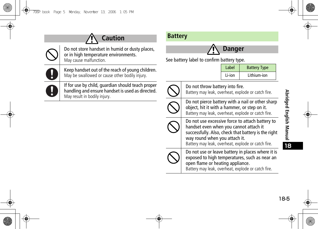 18-518Abridged English ManualDo not store handset in humid or dusty places, or in high temperature environments.May cause malfunction.Keep handset out of the reach of young children.May be swallowed or cause other bodily injury.If for use by child, guardian should teach properhandling and ensure handset is used as directed.May result in bodily injury.Caution BatterySee battery label to confirm battery type.Do not throw battery into fire.Battery may leak, overheat, explode or catch fire.Do not pierce battery with a nail or other sharp object, hit it with a hammer, or step on it.Battery may leak, overheat, explode or catch fire.Do not use excessive force to attach battery to handset even when you cannot attach it successfully. Also, check that battery is the right way round when you attach it.Battery may leak, overheat, explode or catch fire.Do not use or leave battery in places where it is exposed to high temperatures, such as near an open flame or heating appliance.Battery may leak, overheat, explode or catch fire.DangerLabel Battery TypeLi-ion Lithium-ion706P.book  Page 5  Monday, November 13, 2006  1:05 PM
