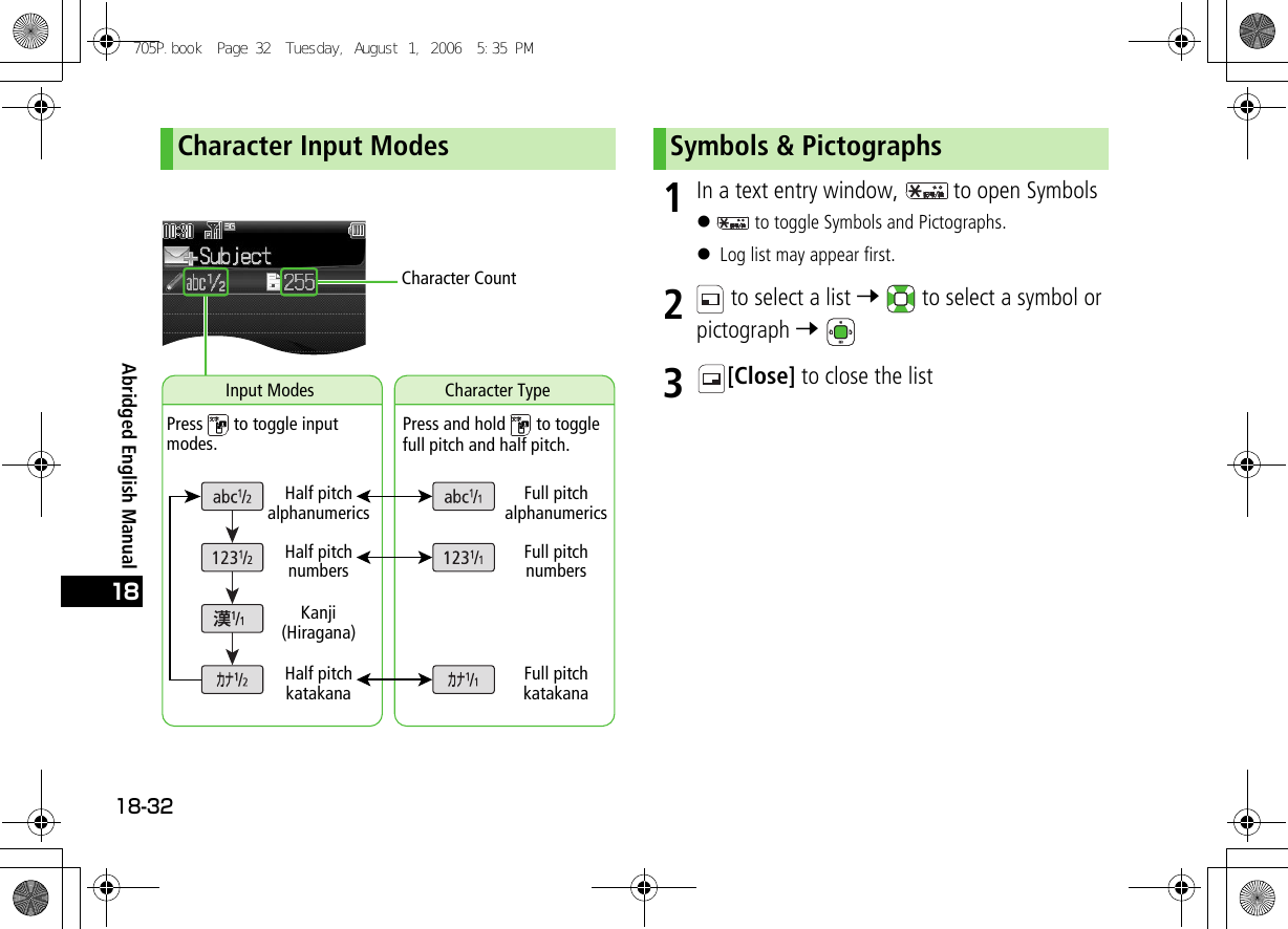 Abridged English Manual18-32181In a text entry window,   to open Symbols! to toggle Symbols and Pictographs.! Log list may appear first.2 to select a list 7   to select a symbol or pictograph 7 3[Close] to close the listCharacter Input ModesInput ModesCharacter CountCharacter TypePress and hold   to toggle full pitch and half pitch.Press   to toggle input modes.Half pitch alphanumericsHalf pitch numbersKanji(Hiragana)Full pitch alphanumericsFull pitch numbersHalf pitch katakanaFull pitch katakanaSymbols &amp; Pictographs705P.book  Page 32  Tuesday, August 1, 2006  5:35 PM