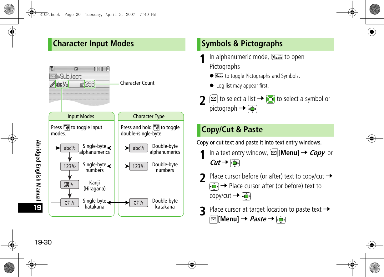 19-3019Abridged English Manual1In alphanumeric mode,   to open Pictographs! to toggle Pictographs and Symbols.! Log list may appear first.2 to select a list 7   to select a symbol or pictograph 7 Copy or cut text and paste it into text entry windows.1In a text entry window,  [Menu] 7 Copy or Cut 7 2Place cursor before (or after) text to copy/cut 7  7 Place cursor after (or before) text to copy/cut 7 3Place cursor at target location to paste text 7 [Menu] 7 Paste 7 Character Input ModesInput ModesCharacter CountCharacter TypePress and hold   to toggle double-/single-byte.Press   to toggle input modes.Single-byte alphanumericsSingle-byte numbersKanji(Hiragana)Double-byte alphanumericsDouble-byte numbersSingle-byte katakanaDouble-byte katakanaSymbols &amp; PictographsCopy/Cut &amp; Paste810P.book  Page 30  Tuesday, April 3, 2007  7:40 PM