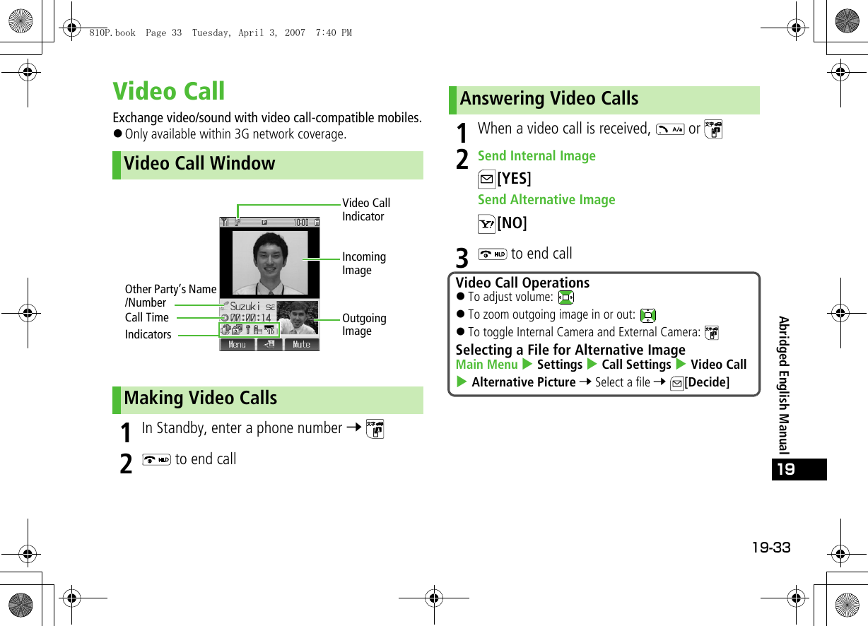 19-33Abridged English Manual19Video CallExchange video/sound with video call-compatible mobiles.!Only available within 3G network coverage.1In Standby, enter a phone number 7 2 to end call1When a video call is received,   or 2Send Internal Image[YES]Send Alternative Image[NO]3 to end callVideo Call WindowMaking Video CallsOutgoing ImageIncoming ImageCall TimeOther Party’s Name /NumberIndicatorsVideo Call IndicatorAnswering Video CallsVideo Call Operations!To adjust volume: !To zoom outgoing image in or out: !To toggle Internal Camera and External Camera: Selecting a File for Alternative ImageMain Menu 4 Settings 4 Call Settings 4 Video Call 4 Alternative Picture 7 Select a file 7 [Decide]810P.book  Page 33  Tuesday, April 3, 2007  7:40 PM