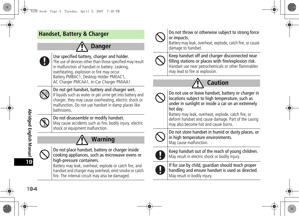 19-419Abridged English ManualHandset, Battery &amp; ChargerUse specified battery, charger and holder.The use of devices other than those specified may result in malfunction of handset or battery. Leaking, overheating, explosion or fire may occur.Battery PMBAC1, Desktop Holder PMEAC1, AC Charger PMCAA1, In-Car Charger PMJAA1Do not get handset, battery and charger wet.If liquids such as water or pet urine get into battery and charger, they may cause overheating, electric shock or malfunction. Do not use handset in damp places like bathrooms.Do not disassemble or modify handset.May cause accidents such as fire, bodily injury, electric shock or equipment malfunction.Do not place handset, battery or charger inside cooking appliances, such as microwave ovens or high-pressure containers.Battery may leak, overheat, explode or catch fire, and handset and charger may overheat, emit smoke or catch fire. The internal circuit may also be damaged.DangerWarningDo not throw or otherwise subject to strong force or impacts.Battery may leak, overheat, explode, catch fire, or cause damage to handset.Keep handset off and charger disconnected near filling stations or places with fire/explosion risk.Handset use near petrochemicals or other flammables may lead to fire or explosion.Do not use or leave handset, battery or charger in locations subject to high temperature, such as under in sunlight or inside a car on an extremely hot day.Battery may leak, overheat, explode, catch fire, or deform handset and cause damage. Part of the casing may also become hot and cause burns.Do not store handset in humid or dusty places, or in high temperature environments.May cause malfunction.Keep handset out of the reach of young children.May result in electric shock or bodily injury.If for use by child, guardian should teach properhandling and ensure handset is used as directed.May result in bodily injury.Caution810P.book  Page 4  Tuesday, April 3, 2007  7:40 PM